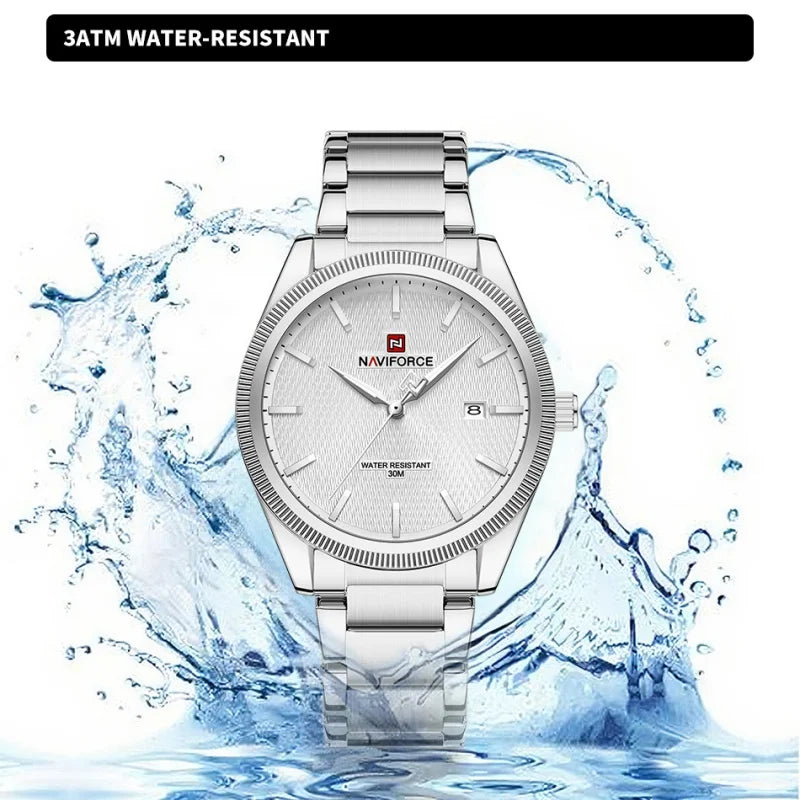 Montre tendance NAVIFORCE pour hommes, montre-bracelet à quartz de luxe pour affaires, bracelet en acier inoxydable, étanche, lumineuse, avec calendrier