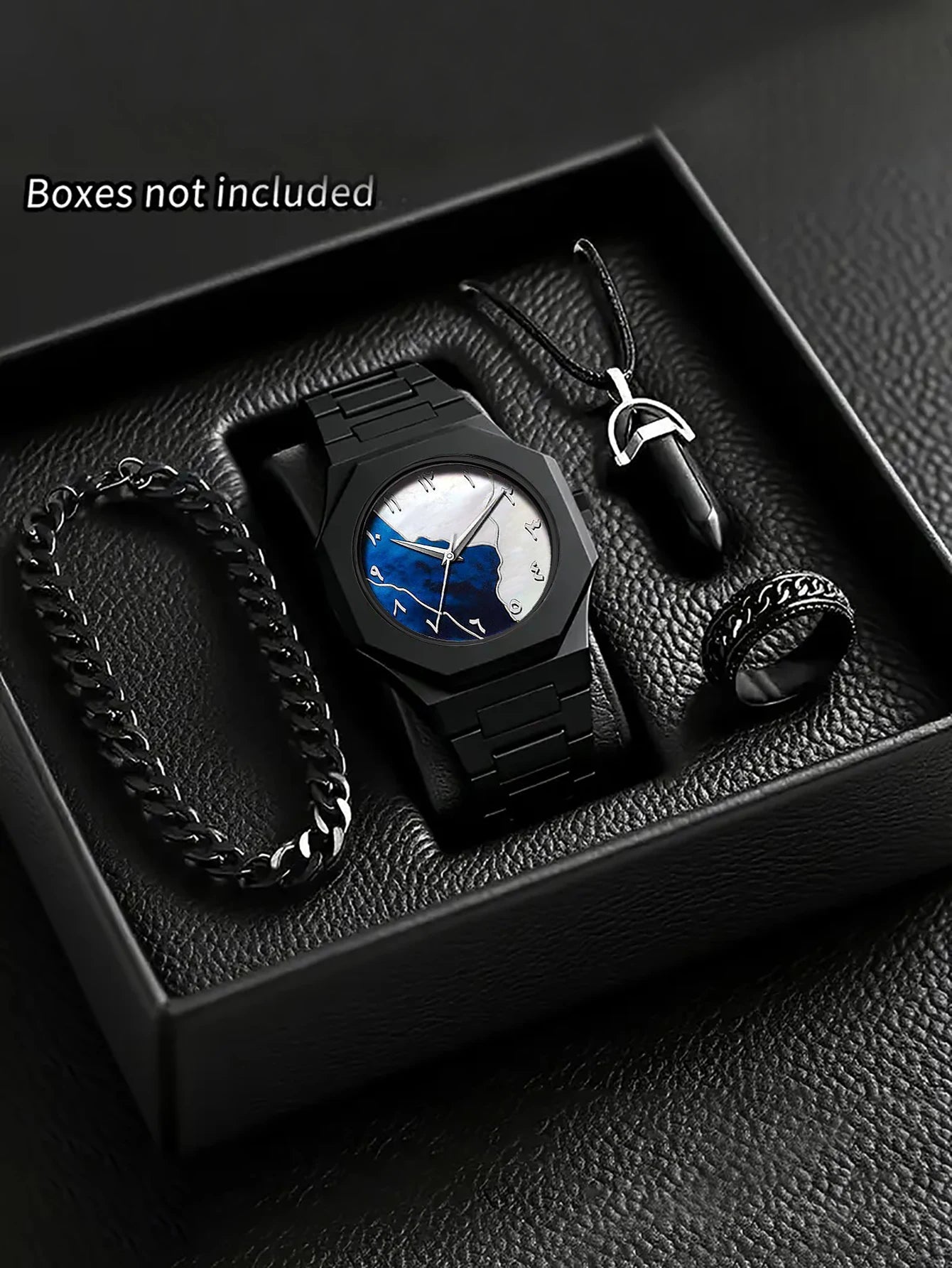 Ensemble Montre à Quartz Homme Bracelet Collier Bague, Bracelet en Plastique, Idéal pour le Quotidien et les Cadeaux de Fête, Boîte Non Incluse