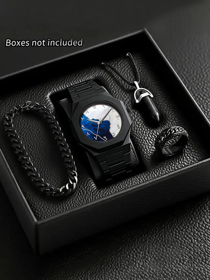 Ensemble Montre à Quartz Homme Bracelet Collier Bague, Bracelet en Plastique, Idéal pour le Quotidien et les Cadeaux de Fête, Boîte Non Incluse