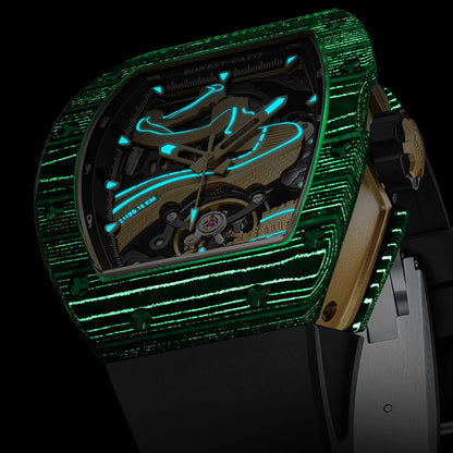 BONEST GATTI Montre Homme Automatique 51mm Tonneau Mécanique Bracelet Fibre de Carbone Verre Saphir Cadran Lumineux Grande Muraille