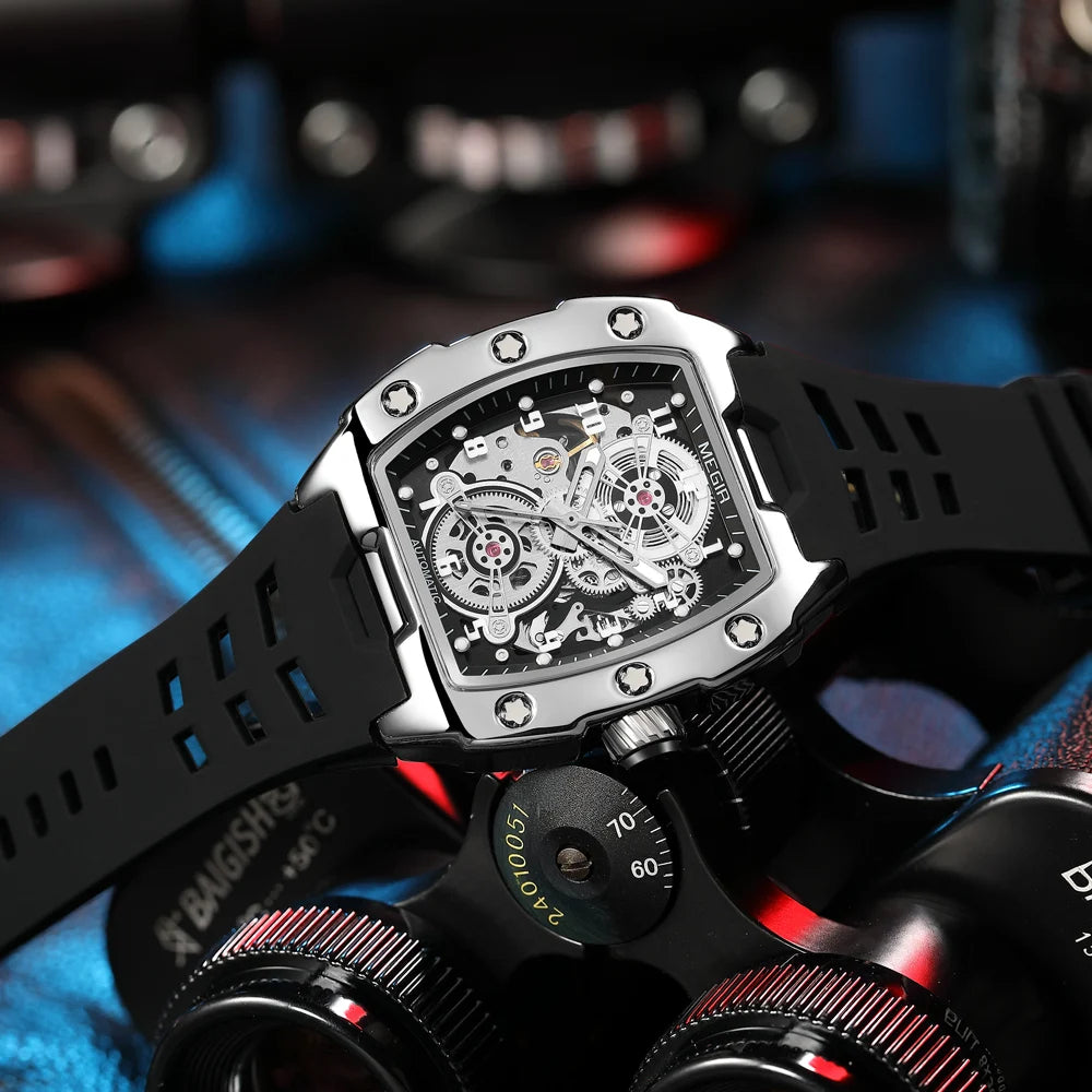 MEGIR Montre Homme Sport Tendance Boîtier Alliage Mécanique Étanche Bracelet Silicone Cadran Tonneau Aiguilles Lumineuses Montres-bracelets Homme