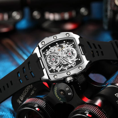 MEGIR Montre Homme Sport Tendance Boîtier Alliage Mécanique Étanche Bracelet Silicone Cadran Tonneau Aiguilles Lumineuses Montres-bracelets Homme