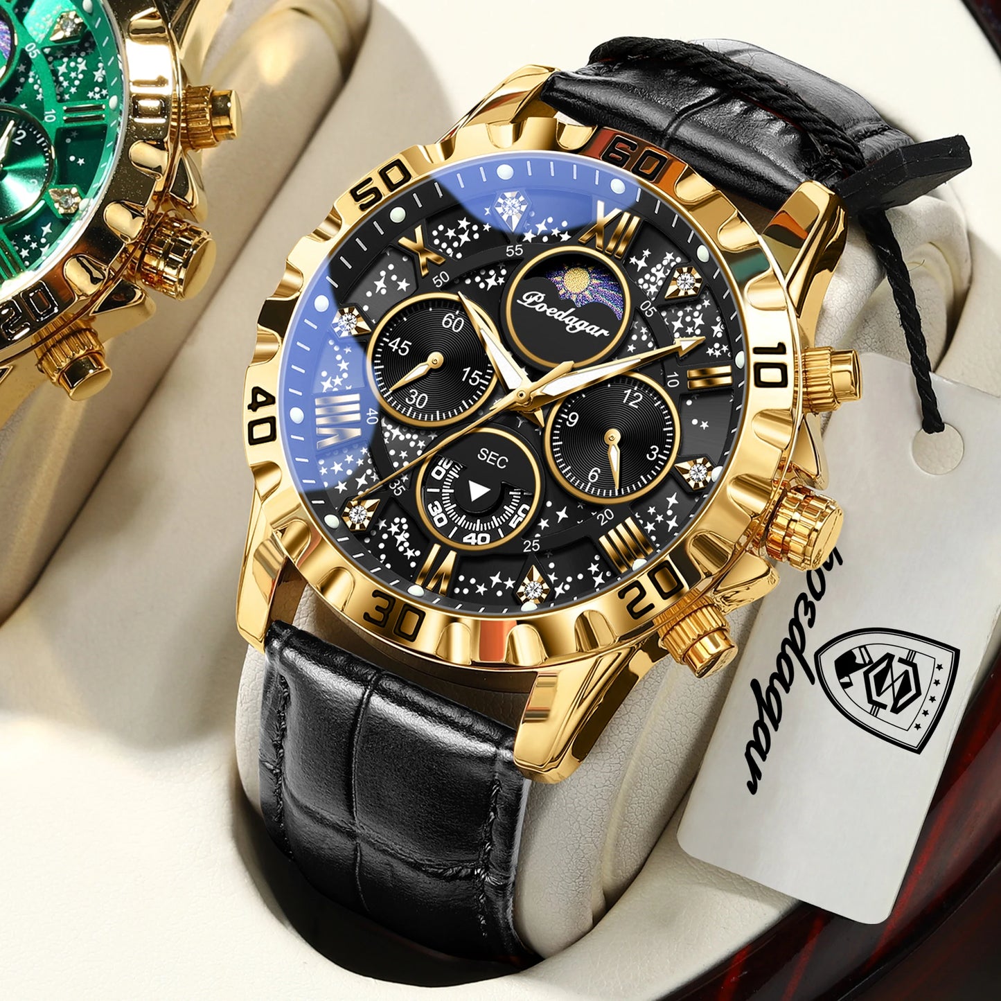 POEDAGAR Montre-bracelet de luxe multifonctionnelle pour homme Étanche Lumineuse Chronographe Montres de sport en cuir pour homme Montre à quartz pour homme
