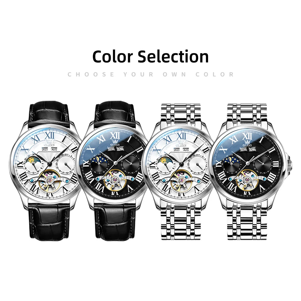 OLEVS 7013 Montre Automatique Homme Phase de Lune Étanche Luxe Montre Homme Date Acier Inoxydable Montre Mécanique
