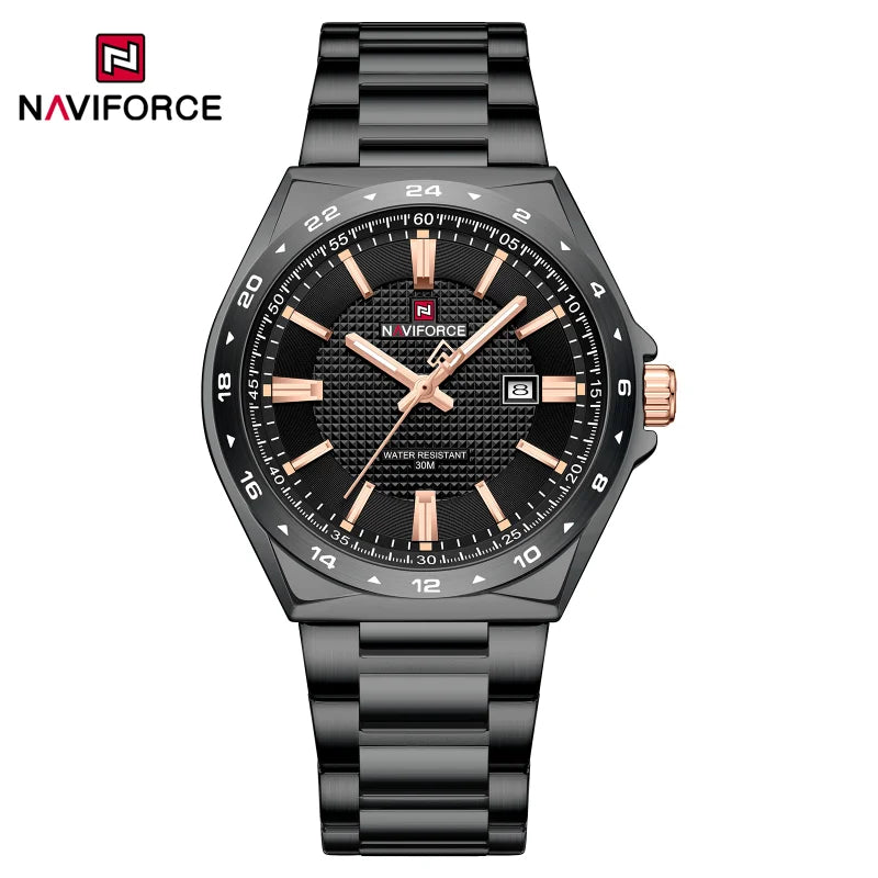 Montres de sport étanches NAVIFORCE 3 ATM pour hommes - Montre-bracelet à quartz de luxe en acier inoxydable avec affichage lumineux de la date