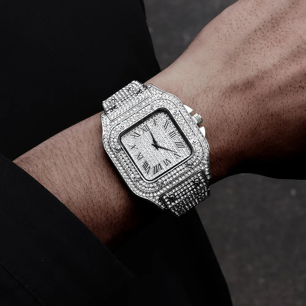 Montre-bracelet à quartz classique de luxe pour hommes avec bracelet en acier, cadran carré à chiffres romains et strass, pour hommes, Relogio Masculino