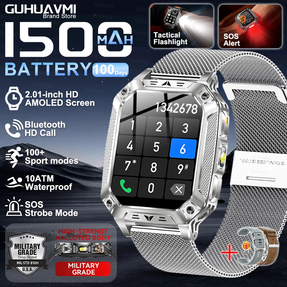 Montre Intelligente Militaire Homme 1500mAh Longue Autonomie Sport Extérieur Montre Connectée Homme Étanche 10ATM Fréquence Cardiaque Appel BT Grande Batterie