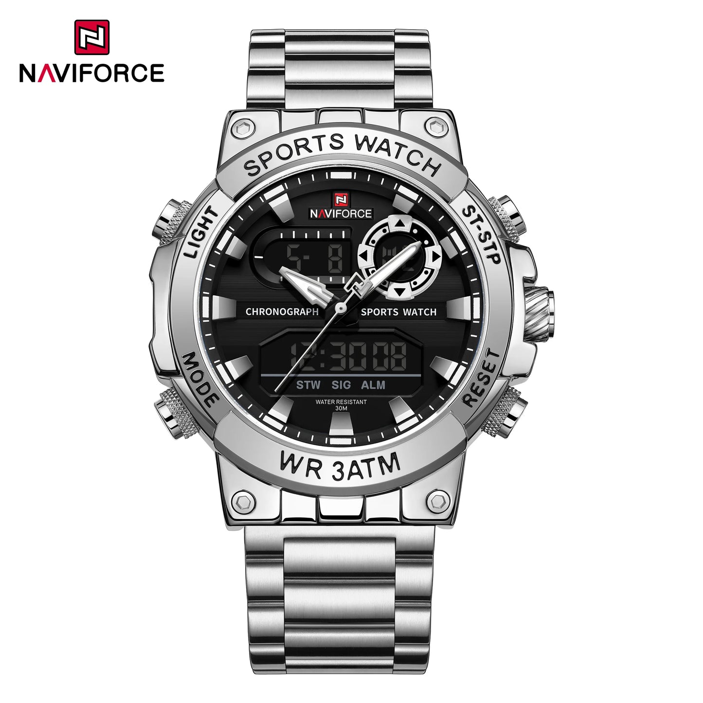 Montre numérique à quartz NAVIFORCE pour hommes, étanche, lumineuse, avec date, bracelet en acier inoxydable, chronographe, montres de sport