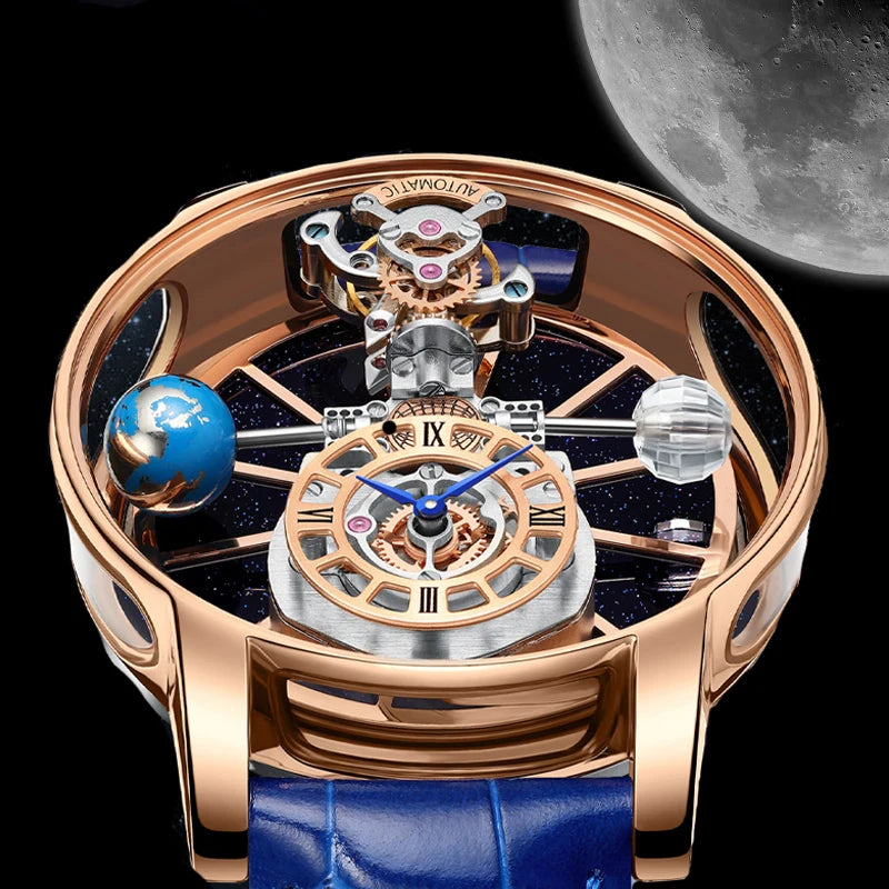 PINDU Design Montre à quartz pour homme collection Celestial, miroir incurvé, cadran ciel étoilé, surface cristalline, thème Terre, montre-bracelet