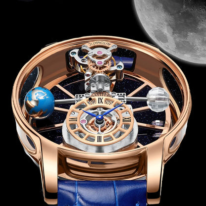 PINDU Design Montre à quartz pour homme collection Celestial, miroir incurvé, cadran ciel étoilé, surface cristalline, thème Terre, montre-bracelet