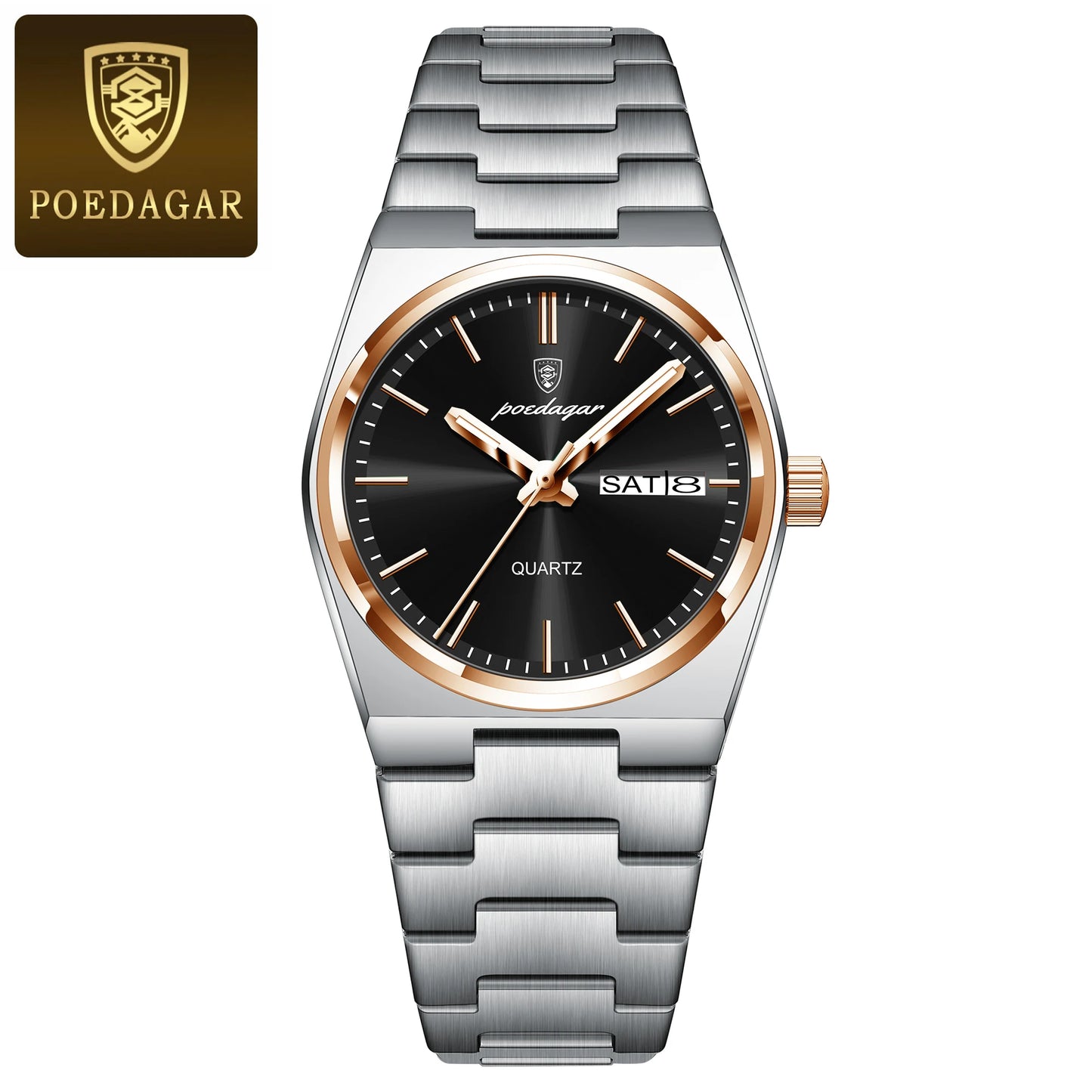 POEDAGAR Montres élégantes pour femmes Étanche Lumineux Date Semaine Montre Femme Quartz Acier inoxydable Montre-bracelet de mode pour femme