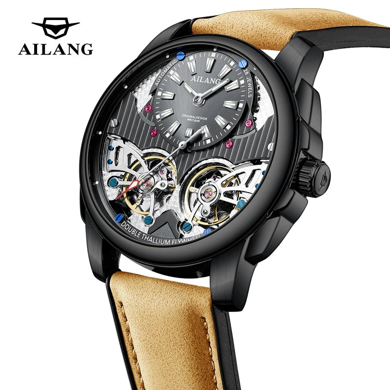 AILANG Business Mechanical Watches Men Top Brand Luxury Leather Waterproof Double Tourbillon Watch For Men Automatic Wristwatch