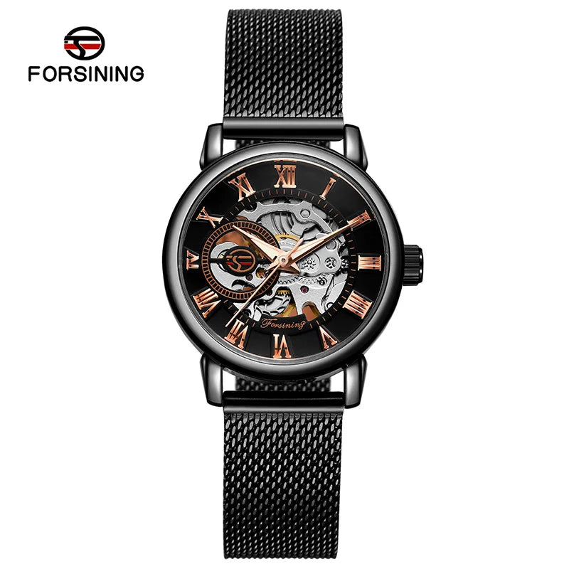 Forsining 099L Montre squelette élégante et tendance pour femmes, nouvelles montres-bracelets mécaniques de luxe en or rose pour dames