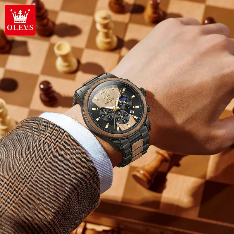 ChronoState OLEVS 3645 – Montre chronographe multifonction phases de lune | Montre de luxe pour homme à quartz et bois