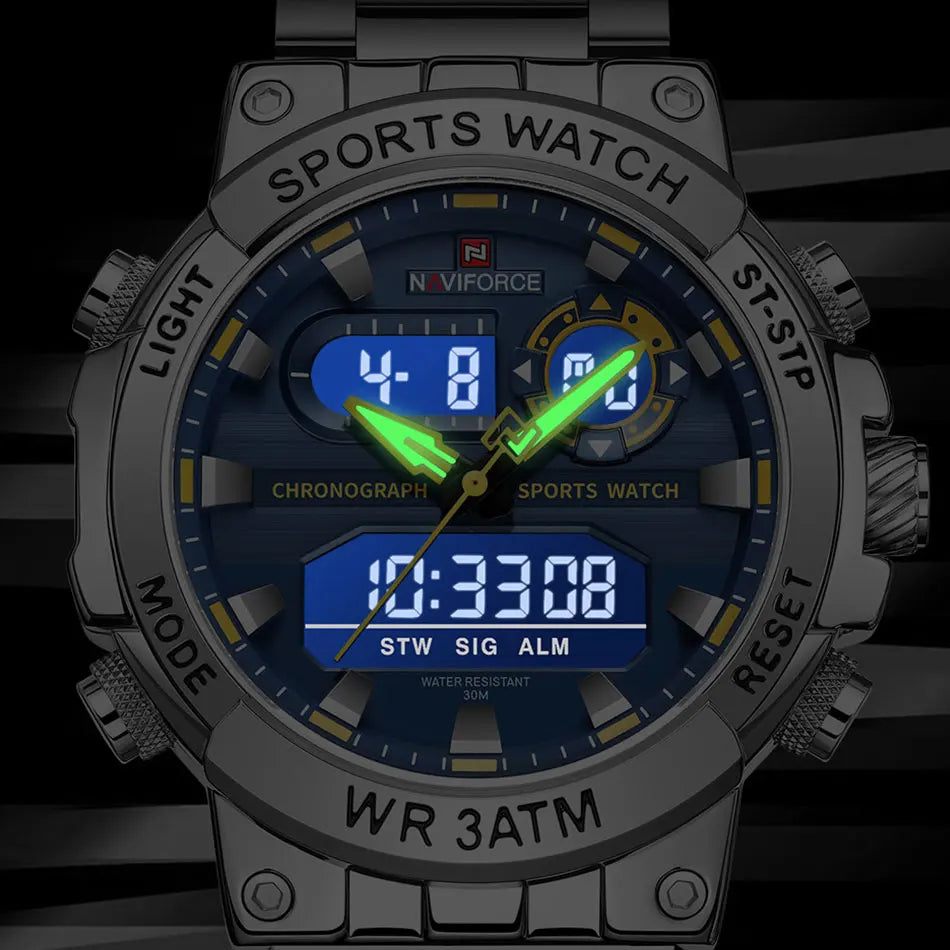 NAVIFORCE Montre Homme Double Affichage Sport Étanche 30M Chronographe Numérique Horloge Style Armée Militaire Montre-bracelet Homme NF9237