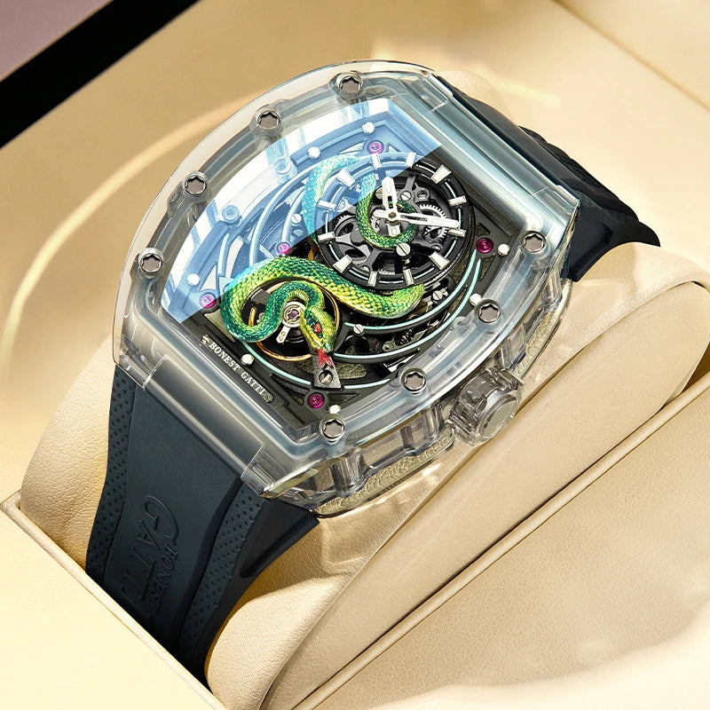 BONEST GATTI 6004 Montre Homme Automatique Tonneau Montre-Bracelet Mécanique Boîtier Acrylique Saphir Lumineux Cadran Serpent Montres Pour Hommes
