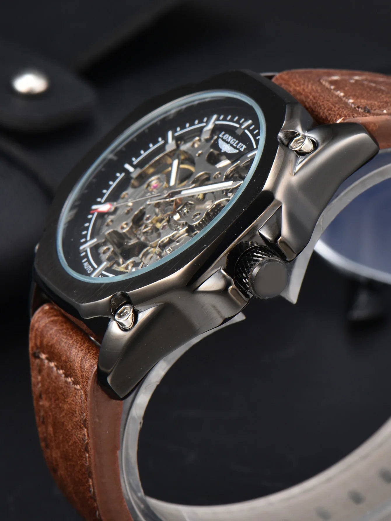 Men automatic watch waterproof sport skeleton mechanical watches outdoors fashion leather mens watch boyfriend gift