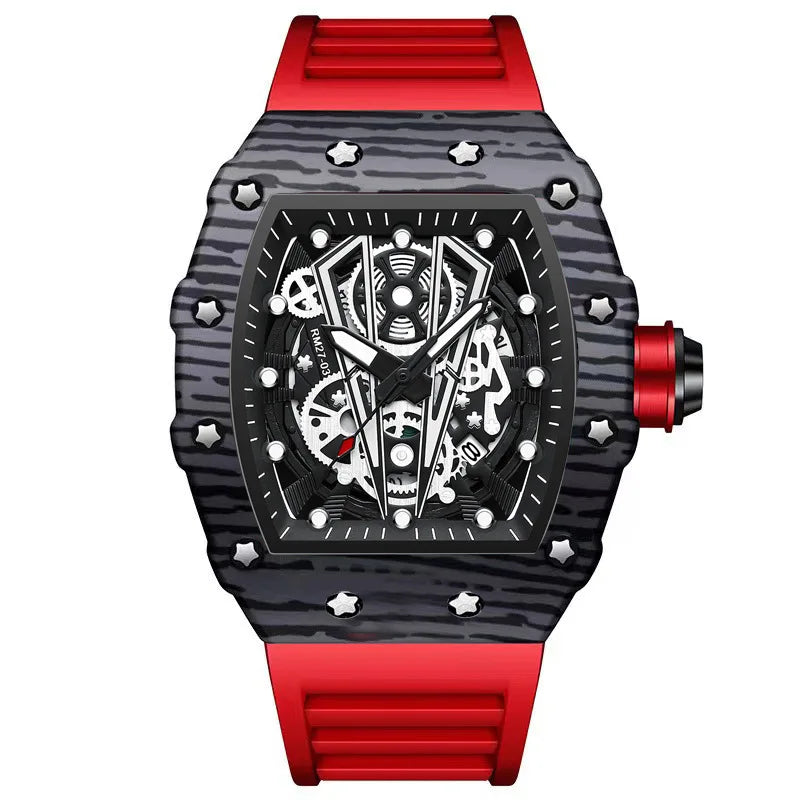 BINBOND Marque Homme Montre Tonneau Dominant Miroir Courbe Surface Creuse Sports Homme Montre-Bracelet Quartz en Silicone B8577