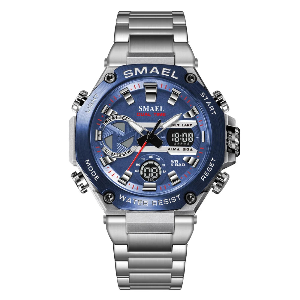 Montre SMAEL Hommes Grande Marque Luxe Argent Acier Inoxydable Sport Homme Horloge Numérique Analogique Quartz Militaire Étanche Montres-bracelets