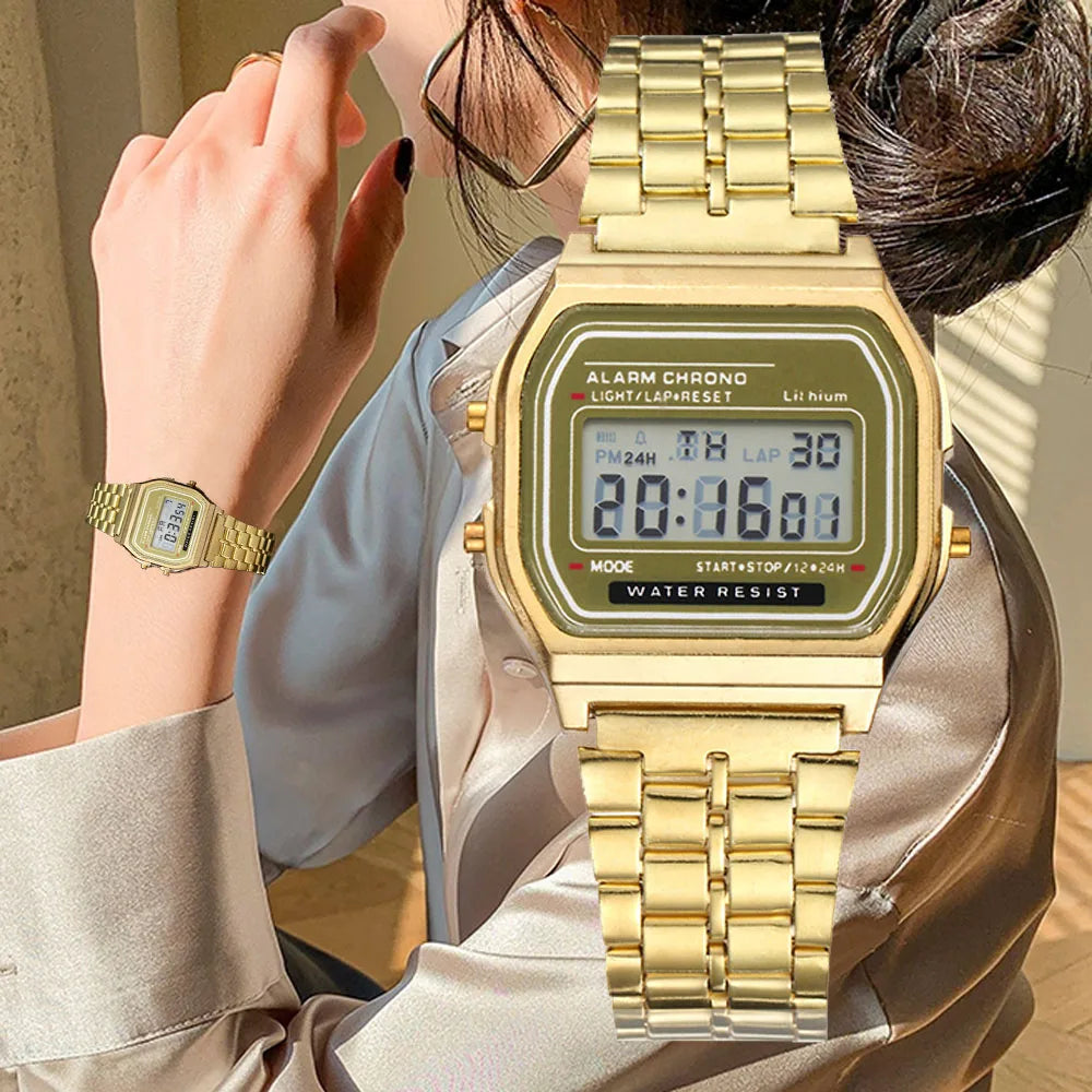 Montre numérique élégante pour femme en or argent acier inoxydable, montres-bracelets électroniques d'affaires pour femmes, horloge masculine Zegarek Damski