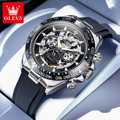 OLEVS 6713 Business Men's Watches Moon Phase Luminous Calendar Skeleton Automatic Mechanical Wristwatch for Man