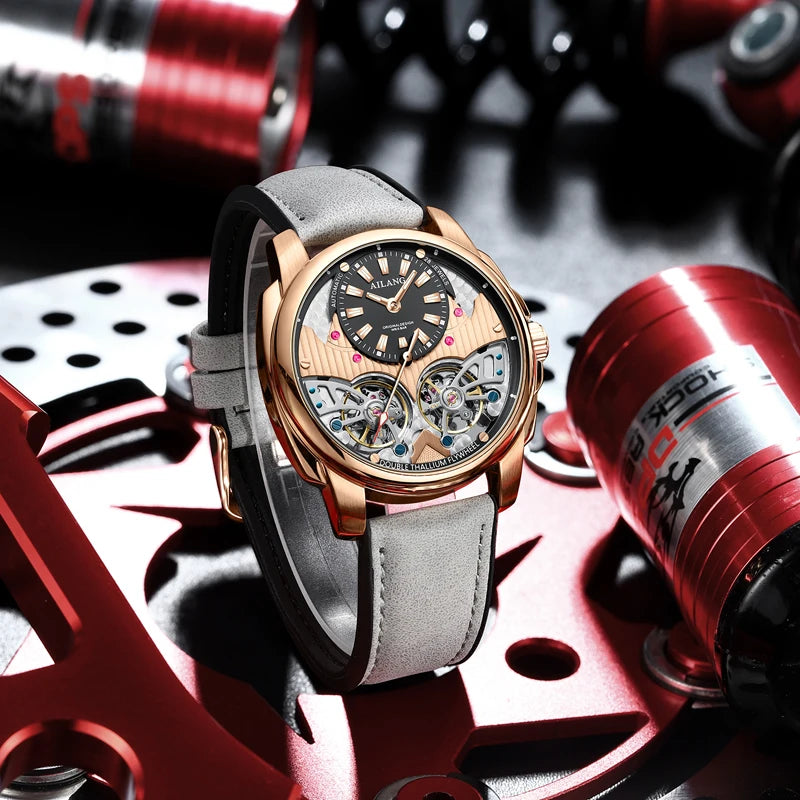 AILANG Double Tourbillon Series Luxury Mechanical Watch for Men Fashion Leather Strap Waterproof Automatic Skeleton Watches Mens