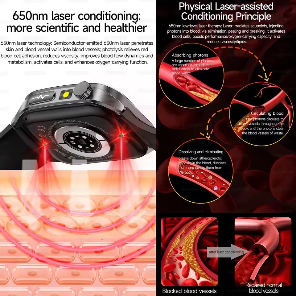 Montre Intelligente de Santé 2026 Thérapie Laser Réduction des Trois Hyper (Tension, Glycémie, Lipides) Oxygène Sanguin Pression Acide Urique ECG Montre Connectée pour Homme
