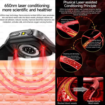 Montre Intelligente de Santé 2026 Thérapie Laser Réduction des Trois Hyper (Tension, Glycémie, Lipides) Oxygène Sanguin Pression Acide Urique ECG Montre Connectée pour Homme