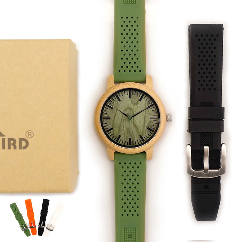 BOBO BIRD Montre en bois de bambou pour homme, montre à quartz avec bracelet en silicone vert, bracelet supplémentaire, cadeau pour homme avec boîte relogio masculino W-B06