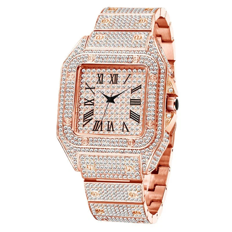 Montres pour hommes, cadran carré, ciel étoilé, ceinture en acier, incrustation de diamant, style européen américain, chiffres romains, montres-bracelets à quartz, cadeau