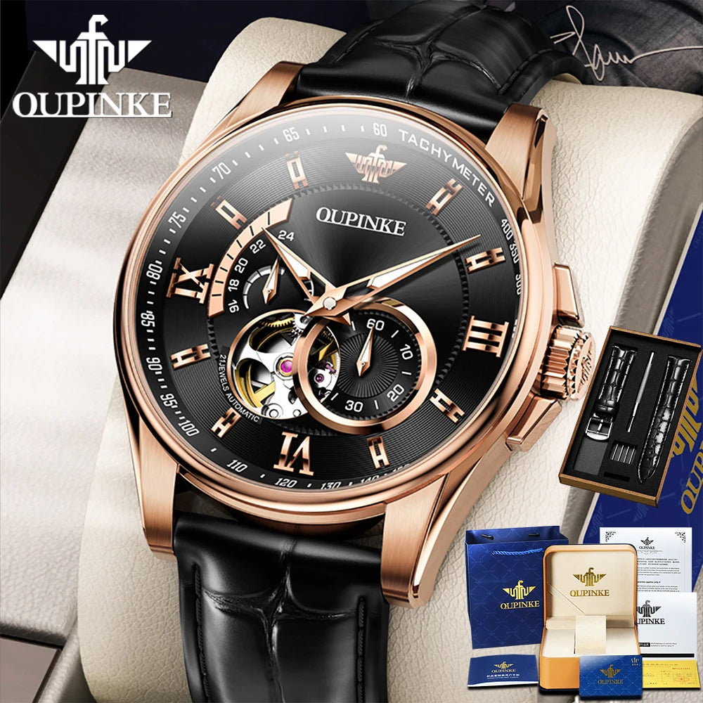 OUPINKE 3222  Original Automatic Men's Watch Genuine Leather Strap 5Bar Waterproof Japan Movement Gentleman Business Wristwatch