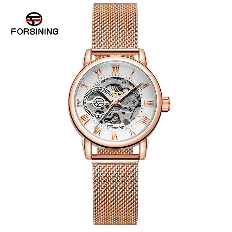 Forsining 099L Montre squelette élégante et tendance pour femmes, nouvelles montres-bracelets mécaniques de luxe en or rose pour dames