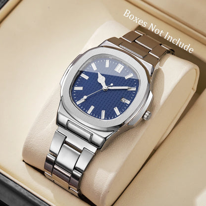 Montre de Luxe pour Homme, Cadran Carré Tendance, Bracelet en Acier Inoxydable, Mouvement à Quartz avec Calendrier (Sans Boîte)