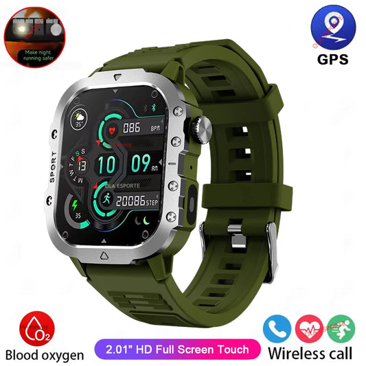 2026 Military Outdoor Smart Watch Men's GPS Flashlight Bluetooth Call 2.01" AMOLED Screen 3ATM Waterproof Sports Smartwatch Hw12