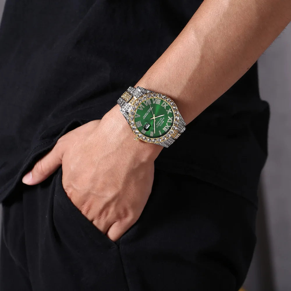 Montre diamant bling homme couleur or vente chaude montre de luxe à quartz montre mâle dropshipping montre-bracelet calendrier strass