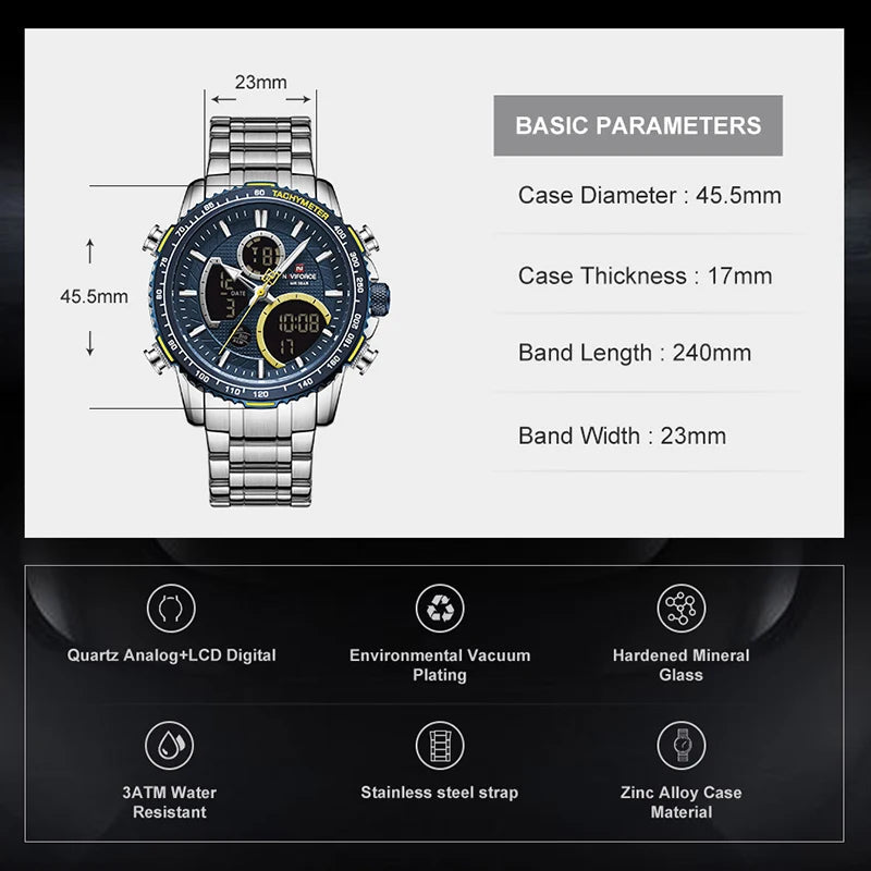 NAVIFORCE Montre Homme Tendance Marque de Luxe Sport Chronographe à Quartz Étanche Militaire en Acier Inoxydable