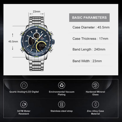 NAVIFORCE Montre Homme Tendance Marque de Luxe Sport Chronographe à Quartz Étanche Militaire en Acier Inoxydable