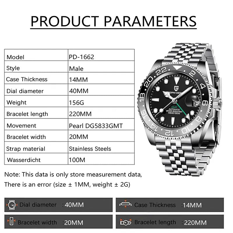 Montre Homme PAGANI DESIGN GMT 40mm Automatique Verre Saphir Acier Inoxydable Étanche Top Marque Cadeau RelogioMasculino