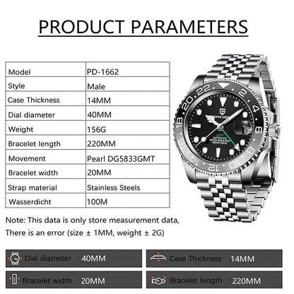 Montre Homme PAGANI DESIGN GMT 40mm Automatique Verre Saphir Acier Inoxydable Étanche Top Marque Cadeau RelogioMasculino