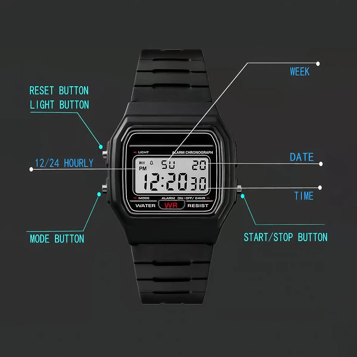 Montre électronique numérique à LED pour femmes, en vogue, montre de sport multifonctionnelle d'extérieur simple et décontractée pour hommes et femmes Reloj