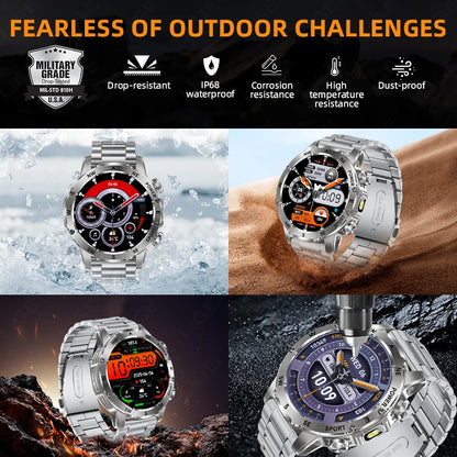 New 2026 Outdoor 800mAh Large Battery Smart Watch Men LED Flashlight Bluetooth Call Compass Sports Fitness Waterproof Smarwatch