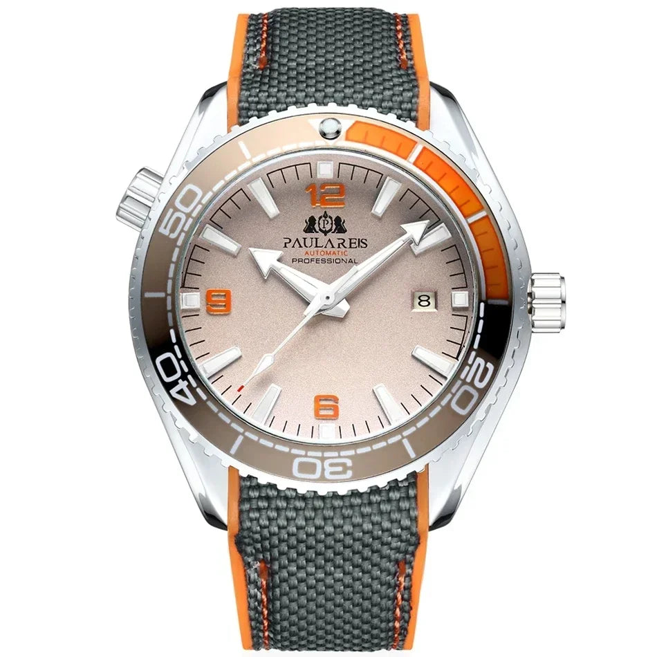 Automatic Mens Watch Mechanical Self Wind Movement Canvas Rubber Strap Orange Blue Red Luxury Fashion Watches