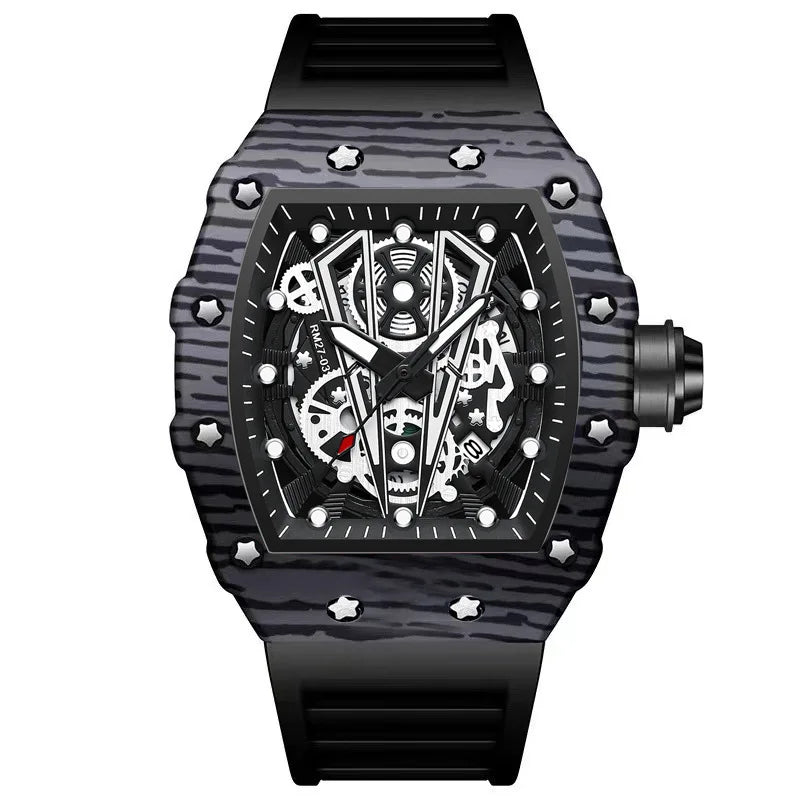 BINBOND Marque Homme Montre Tonneau Dominant Miroir Courbe Surface Creuse Sports Homme Montre-Bracelet Quartz en Silicone B8577