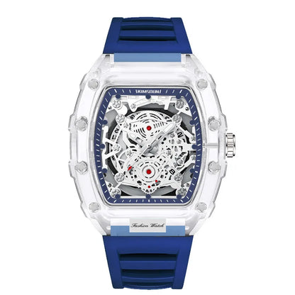 Montre Décontractée Tendance pour Homme Montre à Quartz pour Homme avec Cadran Lumineux, Fonction Calendrier, Bracelet en Silicone, Boîtier Transparent en Forme de Tonneau Reloj