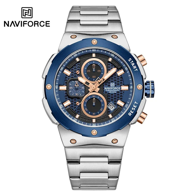 NAVIFORCE Montre Homme Quartz Top Marque Luxe Lumineux Chronographe Montre-Bracelet Acier Inoxydable Étanche Hommes Date Calendrier Horloge