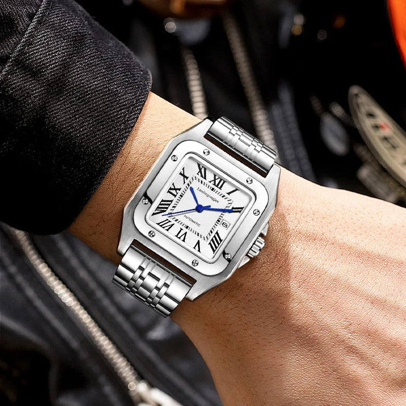 High-End Luxury Square Automatic Mechanical Watch for Men, with Hollow Butterfly Clasp, Fashionable Business Casual Versatile Stylish Men's Wristwatch, Suitable for Wearing in Various Occasions, the First Choice Gift for Your Boyfriend on Valentine's Day