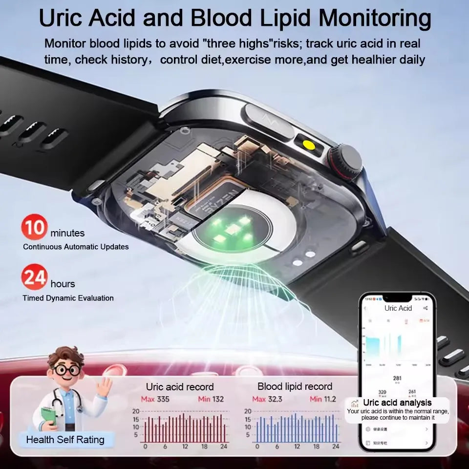 Montre Intelligente de Santé 2026 Thérapie Laser Réduction des Trois Hyper (Tension, Glycémie, Lipides) Oxygène Sanguin Pression Acide Urique ECG Montre Connectée pour Homme