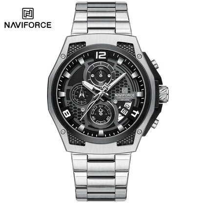 Montres Homme Sport Décontractées Marque NAVIFORCE Chronographe à Quartz Multifonction avec Affichage de la Date Bracelet en Acier Montre-Bracelet Reloj Hombre