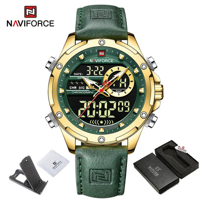 NAVIFORCE – Montre Homme Tendance en Cuir Vert, Militaire, Étanche, Chronographe Numérique, Quartz, Bracelet Homme, Réveil