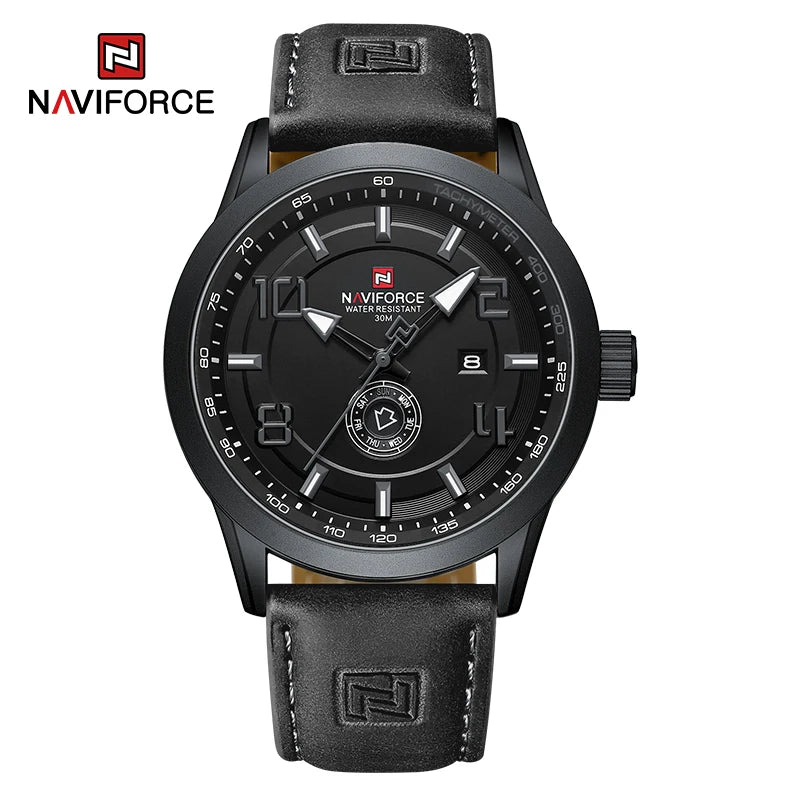 Montre-bracelet décontractée tendance NAVIFORCE pour homme, montre militaire de sport étanche avec bracelet en cuir, mouvement à quartz, calendrier